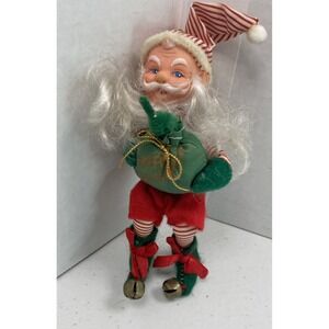 Vintage Rubber Face/Felt Elf Santa Christmas Ornament 6" Tall W/original Tag
